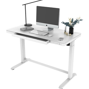 Electric Adjustable Height Sit-Stand Desk Frame with White Glass Tabletop - PrimeCables