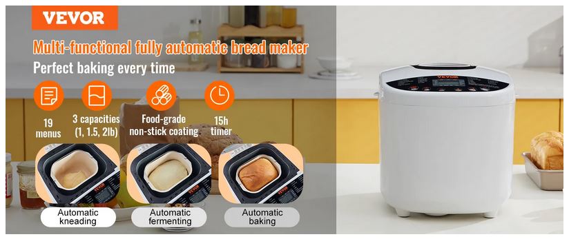 VEVOR bread maker with 19 menus, 3 capacities, food-grade non-stick coating, and 15h timer.