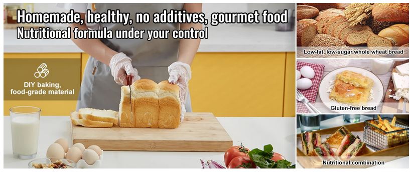 person slicing homemade bread in a kitchen, showcasing various baked goods, VEVOR bread maker.