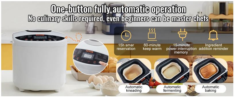 VEVOR bread maker with one-button, fully automatic operation and multiple functions in a modern kitchen.
