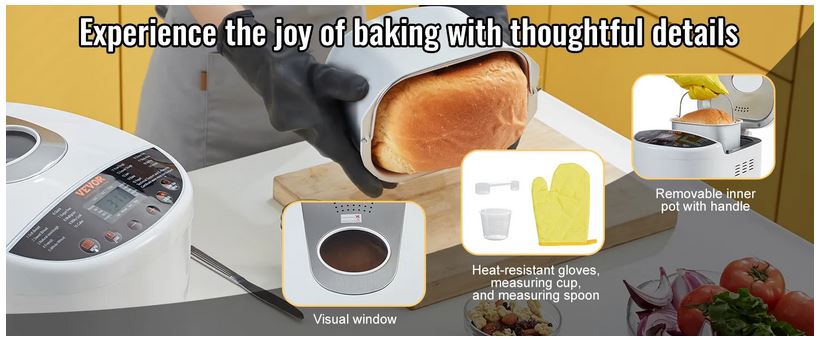 VEVOR bread maker with visual window, removable inner pot, and included accessories: gloves, cup, spoon.