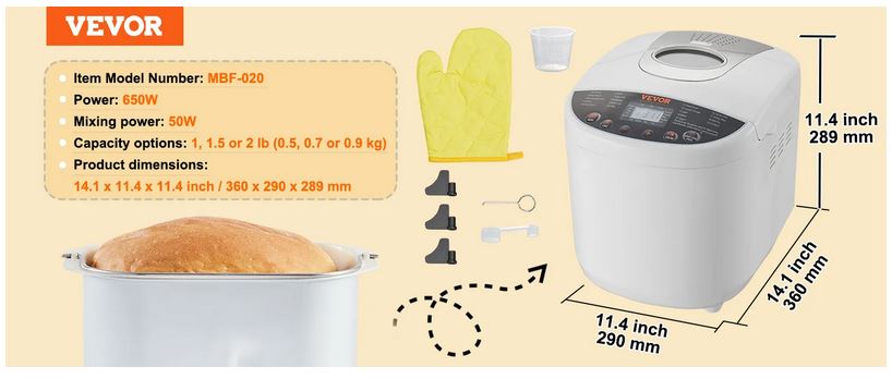 VEVOR bread maker mbf-020 with 650w power, 1-2 lb capacity, and 14.1x11.4x11.4 inch dimensions.