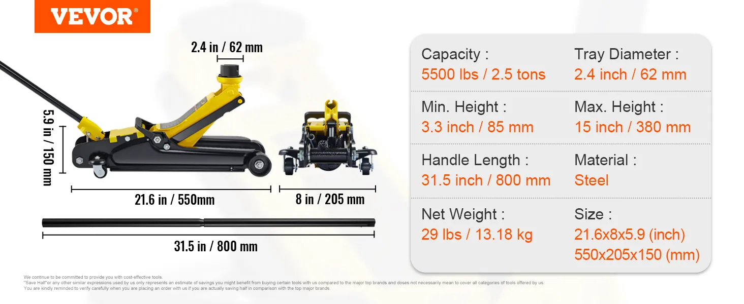 VEVOR low profile floor jack with 5500 lbs capacity, 21.6-inch length, and 3.3 to 15-inch height range.