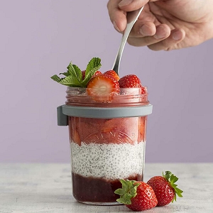  Glass Breakfast Jar Set with Measuring Cup, Stainless Steel Spoon Included, 350ml - KILNER 