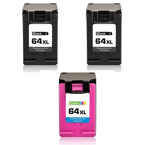 Compatible 3 Pack HP 64XL N9J92AN Black and N9J91AN Tri-Color High Yield Ink Cartridges