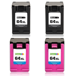 Compatible 4 Pack HP 64XL N9J92AN Black and N9J91AN Tri-Color High Yield Ink Cartridges