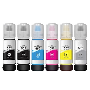 Compatible 6 Pack Epson T552  Ink Bottle Combo High Yield BK/C/M/Y/PK/GY, for ET-8500, 8550