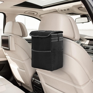 Automotive Garbage Can, Waterproof Car Trash Can with Lid & Side Pockets, Black - LIVINGbasics®