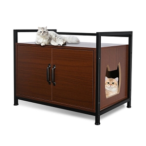 Large Space Cat Litter Box Wooden Enclosure with a Side Window, Brown - LIVINGbasics