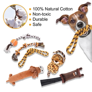 Dog Chew & Teething Toys For Puppies, With Squeaky Sound, Set of 6,Natural Cotton - LIVINGbasics
