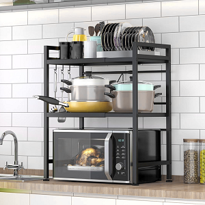 3-Tier Heavy Duty Adjustable Extendable Microwave Oven Rack with 3 Hooks - STORA