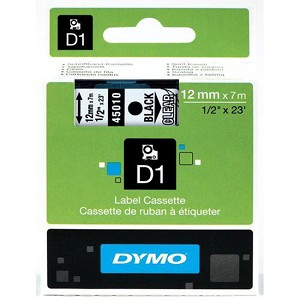 Made by Dymo D1 45010 Label Tape Black on Clear 1/2 in x 23 ft (12mm x 7m) 