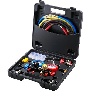 4 Way AC Gauge - AC Manifold Gauge Set for R134A R22 R12 R502 Refrigerant, Freon Gauges with 5ft Hoses, Couplers, Can Tap Works on Car Auto Freon Charging and Evacuation 
