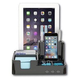 All-In-One Desk Organizer & Docking Station/Stand for Tablets/Smartphones with 3 USB ports -black 
