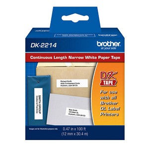 Made by Brother DK2214 Die-Cut Continuous Length Paper Tape, 0.47" x 100', Black on White 