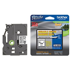Made by Brother TZe-N201 Non-Laminated Label Tape, 3.5mm (0.13"), Black on White, Super Narrow 