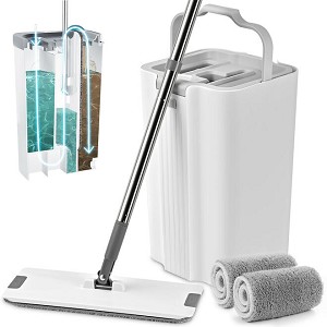  Flat Mop and Bucket with Wringer Set, 3-Chamber Design Separates Dirty and Clean Water, Wet and Dry  