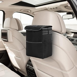Automotive Garbage Can, Waterproof Car Trash Can with Lid & Side Pockets, Black - LIVINGbasics® 
