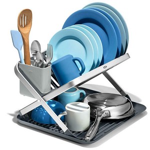 OXO Good Grips Aluminum Fold Flat Dish Drying Rack 2-Tier with Drainboard for Kitchen Counter - OXO 