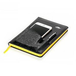 PU Notebook With Cell Phone Pocket, 96 Sheets, A5, Black and Yellow- Moustache® 