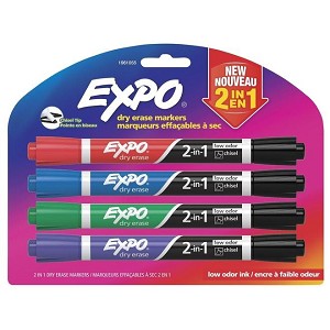 Expo® 2-in-1 Low Odour Dry Erase Markers, Chisel, 8 Assorted Colours, 4/pack (371476) 