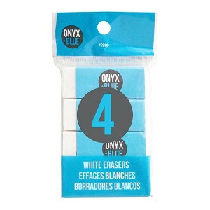 Onyx & Blue® White Erasers with Paper Sleeve, 2.1" x 0.78" x 0.4", 4/Pack 
