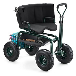 Rolling Garden Cart with Swivel Seat Wheels Extendable Handle Storage Box 