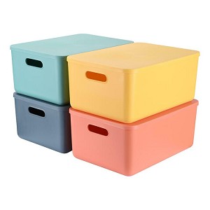 Functional Plastic Storage Bins With Lid, Built-In Handle, 4/Pack - STORA™ - 4 colors 