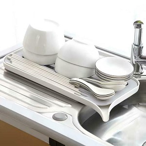 Plastic Sink Caddy with Drain Tray Kitchen Organizer Drying Rack, Light Grey & White - STORA 