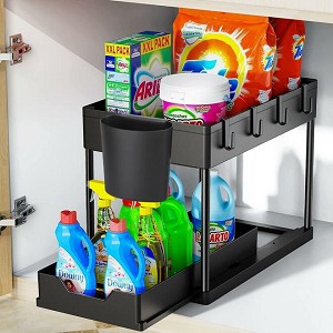 2-Tier Under Pull Out Sink Organizer with Hooks & Cups - STORA™ - Black - 1PC 