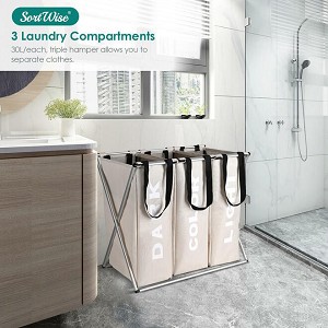 Laundry Basket Bag Organizer Foldable Washing 3-Section Free installation Hamper Sorter - SortWise® 