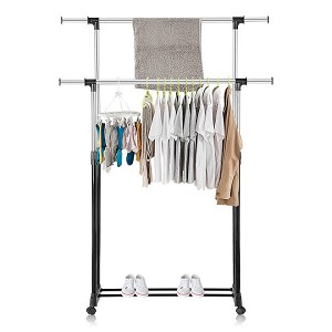 Double Garment Rack and Rolling Shoe Organizer with Shelves and Wheels- SortWise 