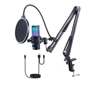 USB Microphone, 192 kHz/24-bit, Professional Condenser Microphone Kit with Boom Arm Stand Pop Filter Shock Mount, 11 RGB Lighting Effects Mute Button Headphones Jack for Recording Gaming Singing 